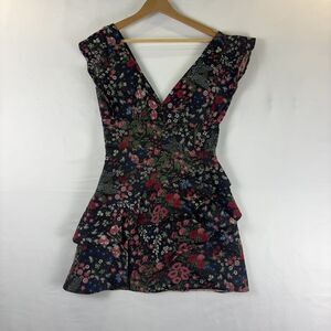 Monique Lhuillier Navy Floral V-Neck Mini Dress with Pink & Green